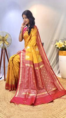 Yellow Foux Kanchipuram Sarees With A Temple Weaving Border With Contrast Blouse 3