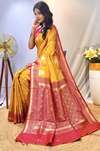 Yellow Foux Kanchipuram Sarees With A Temple Weaving Border With Contrast Blouse