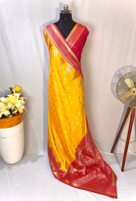 Yellow Foux Kanchipuram Sarees With A Temple Weaving Border With Contrast Blouse 4