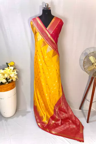 Yellow Foux Kanchipuram Sarees With A Temple Weaving Border With Contrast Blouse