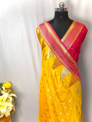 Yellow Foux Kanchipuram Sarees With A Temple Weaving Border With Contrast Blouse 5