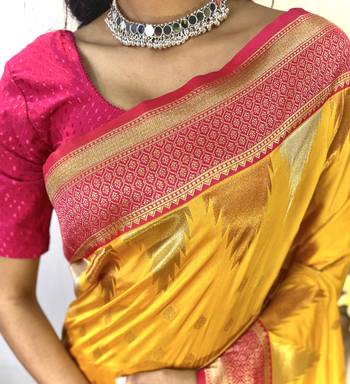 Yellow Foux Kanchipuram Sarees With A Temple Weaving Border With Contrast Blouse 6