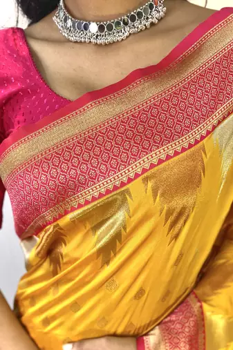 Yellow Foux Kanchipuram Sarees With A Temple Weaving Border With Contrast Blouse