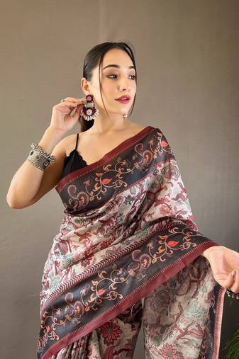  Women's Grey Italian Digital Printed Cotton Silk Saree,Blouse-not As Per Image