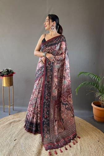  Women's Peach Italian Digital Printed Cotton Silk Saree,Blouse-not As Per Image