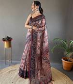 Women's Peach Italian Digital Printed Cotton Silk Saree,Blouse-not As Per Image