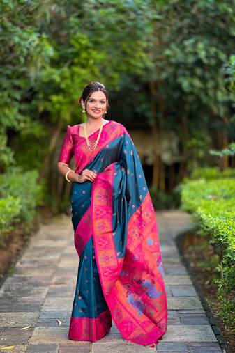 Teal soft pethani silk saree zari weawing meenakari design with unstitched blouse