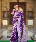 Purple soft banarasi silk saree zari weawing meenakari design with unstitched blouse