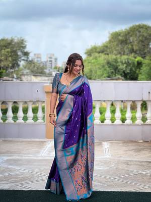 Purple soft pethani silk saree zari weawing meenakari design with unstitched blouse 1