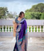 Purple soft pethani silk saree zari weawing meenakari design with unstitched blouse