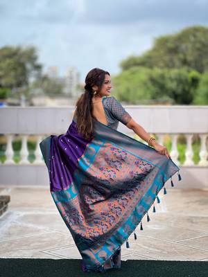 Purple soft pethani silk saree zari weawing meenakari design with unstitched blouse 2