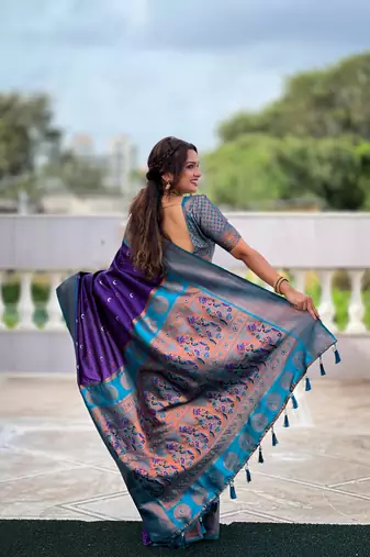 Purple soft pethani silk saree zari weawing meenakari design with unstitched blouse