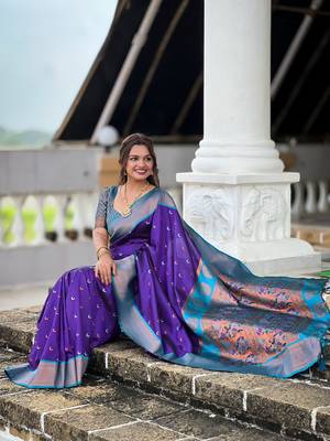 Purple soft pethani silk saree zari weawing meenakari design with unstitched blouse 3