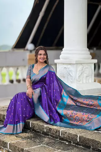 Purple soft pethani silk saree zari weawing meenakari design with unstitched blouse