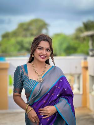 Purple soft pethani silk saree zari weawing meenakari design with unstitched blouse 4