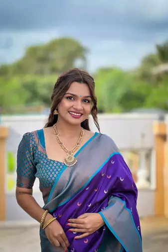 Purple soft pethani silk saree zari weawing meenakari design with unstitched blouse