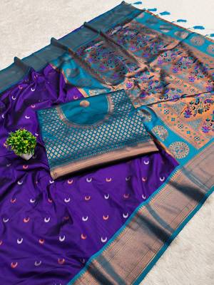 Purple soft pethani silk saree zari weawing meenakari design with unstitched blouse 5