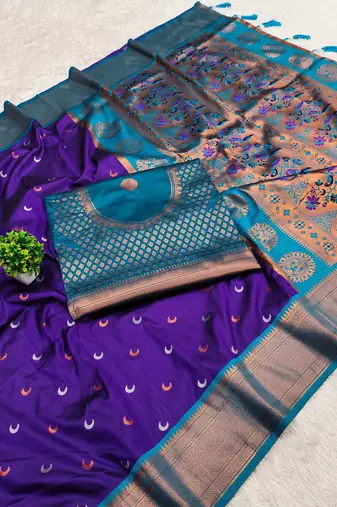 Purple soft pethani silk saree zari weawing meenakari design with unstitched blouse
