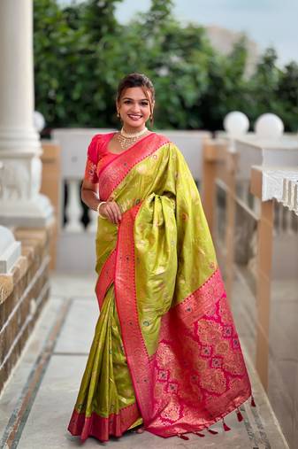 Popati soft banarasi silk saree zari weawing meenakari design with unstitched blouse