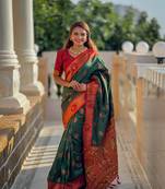 Green soft pethani silk saree zari weawing meenakari design with unstitched blouse