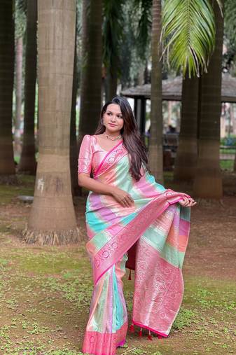 Multicolour soft banarasi silk saree zari weawing meenakari design with unstitched blouse