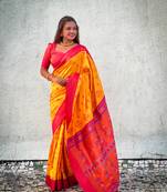 Yellow soft pethani silk saree zari weawing meenakari design with unstitched blouse