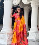 Yellow soft pethani silk saree zari weawing meenakari design with unstitched blouse