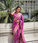 Lavender soft banarasi silk saree zari weawing meenakari design with unstitched blouse