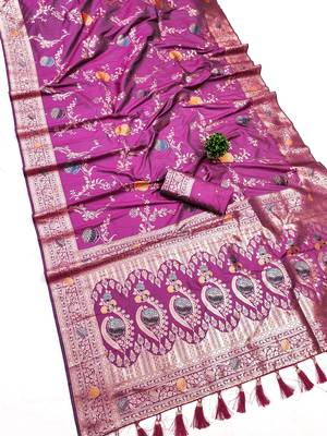 Lavender soft banarasi silk saree zari weawing meenakari design with unstitched blouse 5