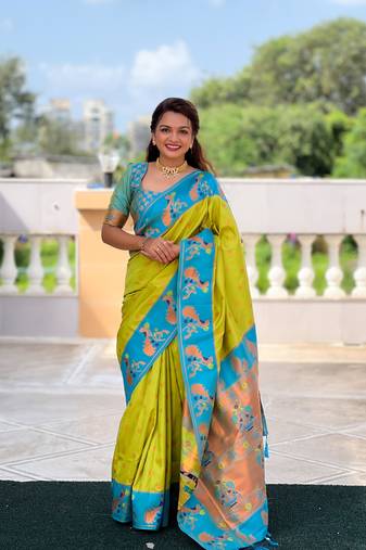 Popati soft pethani silk saree zari weawing meenakari design with unstitched blouse
