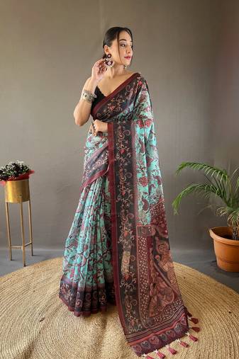  Women's Sky-Blue Italian Digital Printed Cotton Silk Saree,Blouse-not As Per Image