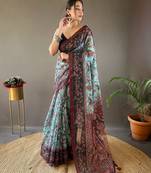  Women's Sky-Blue Italian Digital Printed Cotton Silk Saree,Blouse-not As Per Image