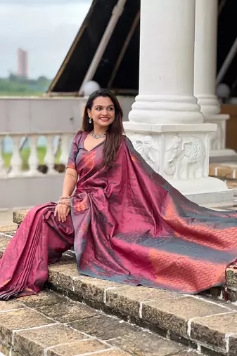 Wine soft silk self weaving design all over saree with unstitched blouse