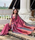 Wine soft silk self weaving design all over saree with unstitched blouse