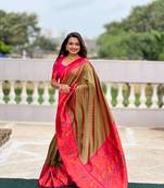 Mehendi soft pethani silk saree zari weawing meenakari design with unstitched blouse