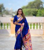 Royalblue soft pethani silk saree zari weawing meenakari design with unstitched blouse