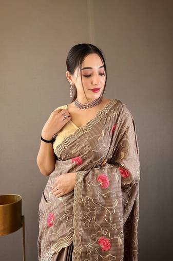 Brown Tussar Silk Saree,Floral Design Embroidery Work Saree,Blouse-not As Per Image