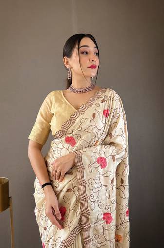 Cream Tussar Silk Saree,Floral Design Embroidery Work Saree,Blouse-not As Per Image
