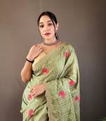 Green Tussar Silk Saree,Floral Design Embroidery Work Saree,Blouse-not As Per Image