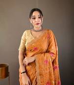 Orange Tussar Silk Saree,Floral Design Embroidery Work Saree,Blouse-not As Per Image
