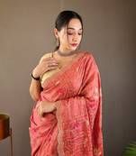 Pink Tussar Silk Saree,Floral Design Embroidery Work Saree,Blouse-not As Per Image