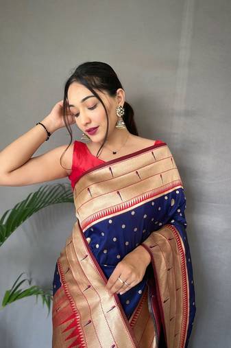 Navy-Blue Paithani Silk Saree,Paithani Rich Weaved Pallu Saree,Blouse-not As Per Image