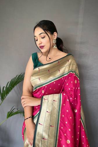 Pink Paithani Silk Saree,Paithani Rich Weaved Pallu Saree,Blouse-not As Per Image