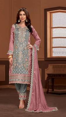 Gray-pink embroidered vichitra suit 1