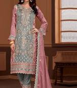 Gray-pink embroidered vichitra semi-pakistani suit