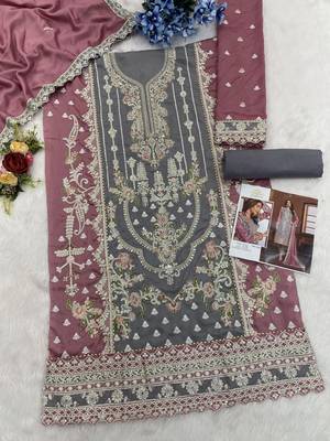 Gray-pink embroidered vichitra suit 3