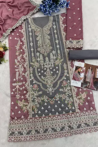 Gray-pink embroidered vichitra suit
