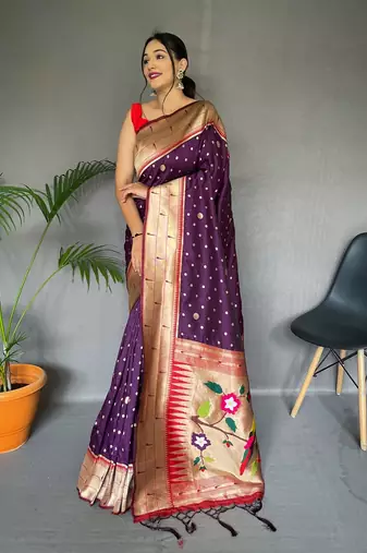 Purple Silk Saree,Paithani Rich Weaved Pallu Saree,Blouse-not As Per Image