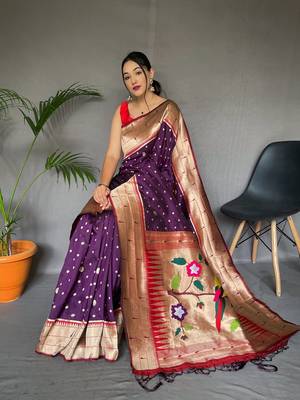 Purple Silk Saree,Paithani Rich Weaved Pallu Saree,Blouse-not As Per Image 3
