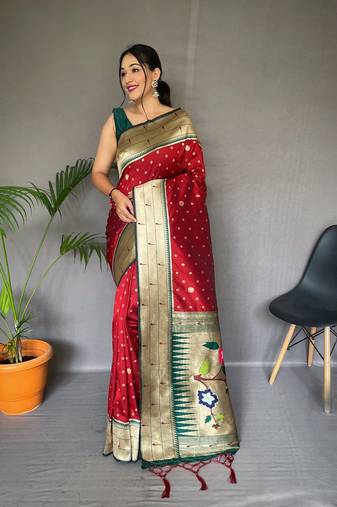 Red Silk Saree,Paithani Rich Weaved Pallu Saree,Blouse-not As Per Image
